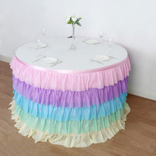 14ft Gradient Unicorn Themed Chiffon Ruffled Tutu Table Skirt with Satin Backing, 5-Tier Rainbow Tab