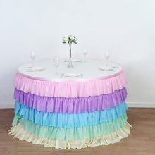 14ft Gradient Unicorn Themed Chiffon Ruffled Tutu Table Skirt with Satin Backing, 5-Tier Rainbow Tab