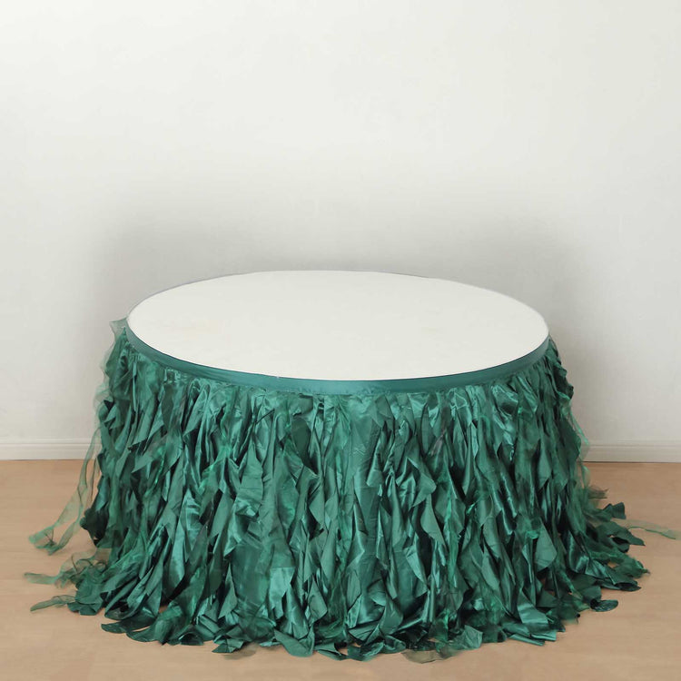 Hunter Emerald Green Curly Willow Taffeta Table Skirt - 14ft