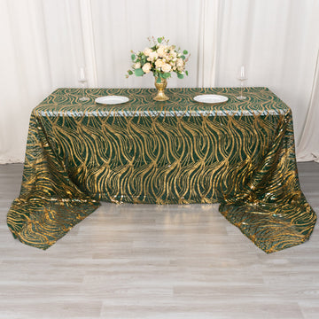 Elevate Your Tablescapes with the Hunter Emerald Green Gold Wave Mesh Rectangular Tablecloth