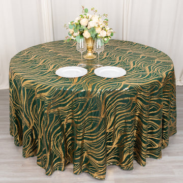 Hunter Emerald Green Gold Wave Mesh Round Tablecloth With Embroidered Sequins 120"
