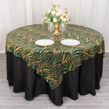 Elevate Your Event with the Hunter Emerald Green Gold Wave Mesh Square Table Overlay