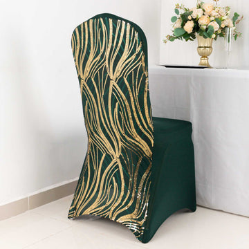 Elevate Your Event with the Hunter Emerald Green Gold Spandex Stretch Banquet Chair Cover