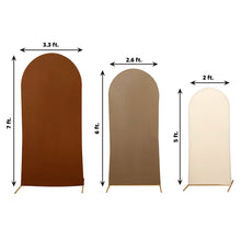 Three different sizes of Spandex arch covers in Beige, Taupe, and Cinnamon Brown colors, designed for Round Top Chiara Wedding Backdrop Stands, featuring a double-sided style