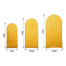 Three different sizes of gold polyester metallic tinsel bags with measurements on them