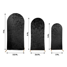 Three different sizes of black arch covers made of Crushed Velvet, Wrinkle-free and Stain-resistant