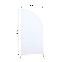 Spandex Matte White Banner with measurements of 3 ft and 6 ft, custom fit for our arch covers and fitted backdrop covers