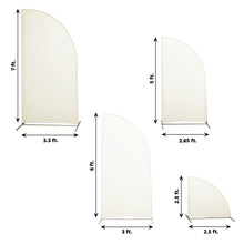 Four different sizes of Spandex Matte Ivory Half Moon Backdrop Stand Covers with measurements on them