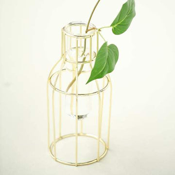 Add a Touch of Glamour with the Set of 2 Bottle Shaped Gold Metal Frame Test Tube Bud Vases