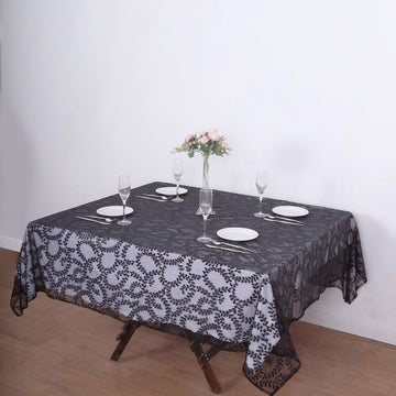 Timeless Elegance with the Black Sequin Leaf Embroidered Seamless Tulle Table Overlay