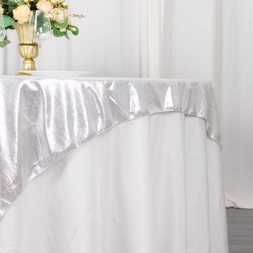 Transform Your Events with the Silver Shimmer Sequin Dots Square Polyester Table Overlay