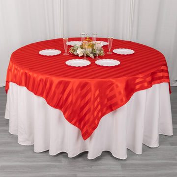 Experience Luxury with the Red Satin Stripe Square Table Overlay
