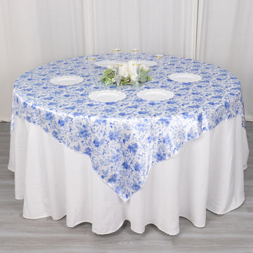 Add a Touch of Luxury with the White Blue Chinoiserie Satin Seamless Tablecloth Overlay