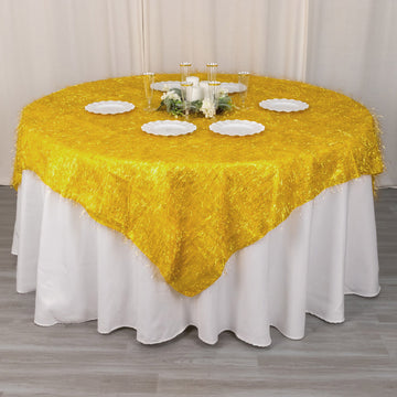 Add a Touch of Glamour with the Gold Metallic Fringe Shag Tinsel Square Polyester Table Overlay 72"