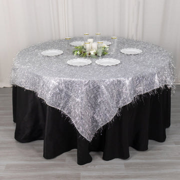 Elevate Your Event with the Silver Metallic Fringe Shag Tinsel Table Overlay
