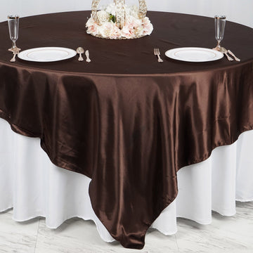 Add a Touch of Elegance with the Chocolate Seamless Satin Square Table Overlay