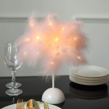 LED Blush Feather Table Lamp Desk Light, Battery Operated Cordless Wedding Centerpiece 15"