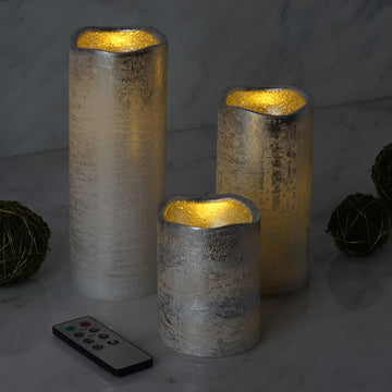 Add a Touch of Elegance with Metallic Silver Flameless LED Pillar Candles