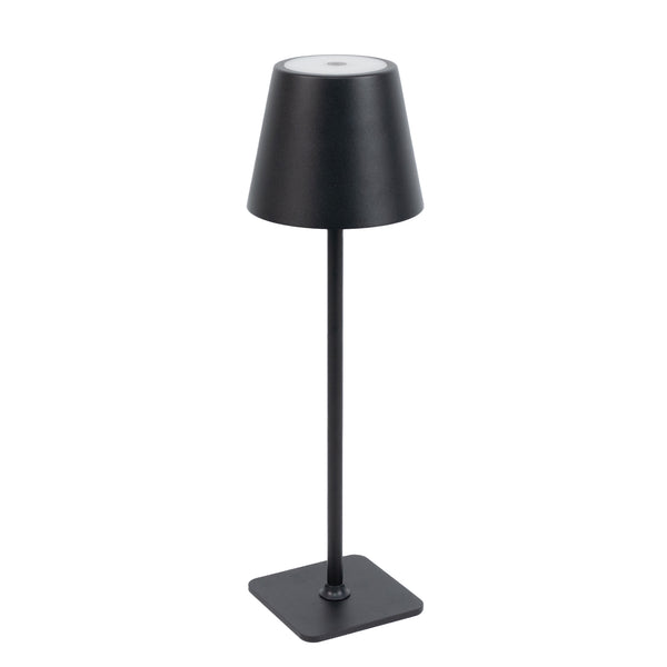 Black modern table lamp with a cone-shaped shade and square base #whtbkgd
