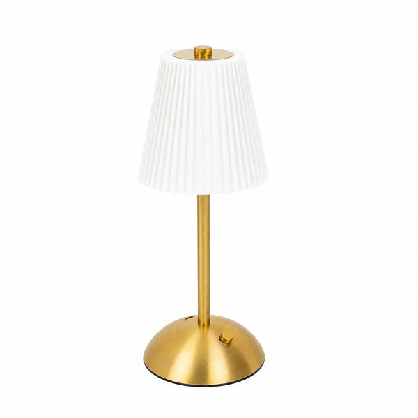 Gold modern table lamp with white pleated shade on a white background#whtbkgd