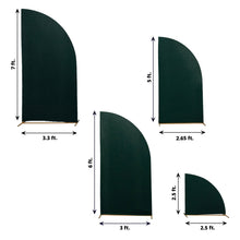 Four different sizes of Spandex Matte Hunter Emerald Green Half Moon Backdrop Stand Covers with measurements on them