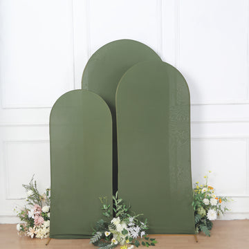 Set of 3 Matte Olive Green Spandex Fitted Wedding Arch Covers For Round Top Chiara Backdrop Stands 5ft, 6ft, 7ft