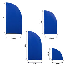 Four different sizes of Matte Royal Blue Spandex Half Moon Backdrop Stand Covers for arch covers and fitted backdrop covers