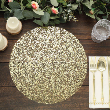 10 Pack Metallic Gold Sequin Mesh Table Placemats, Round Sparkly Dust Free Sequin Dining Mats 13"