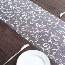 Metallic Silver Sheer Organza Table Runner With Embossed Foil Floral Design - 12x108inch