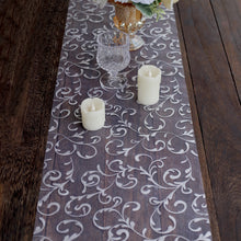 Metallic Silver Sheer Organza Table Runner With Embossed Foil Floral Design - 12x108inch