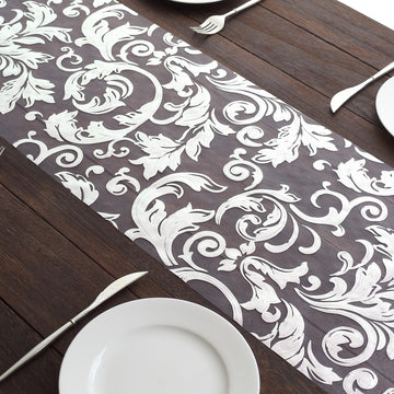 Metallic Silver Sheer Organza Table Runner With Swirl Foil Floral Design - 12"x108"
