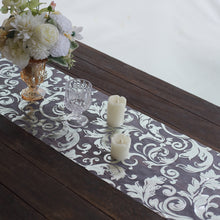 Metallic Silver Sheer Organza Table Runner With Swirl Foil Floral Design - 12x108inch