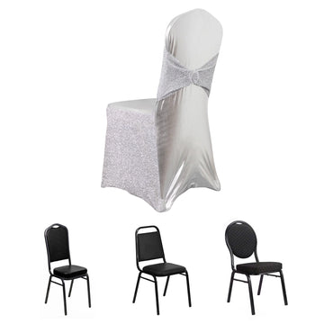 Metallic Silver Shimmer Tinsel Spandex Banquet Chair Cover With Attached Sash Band and Round Silver Rhinestone Buckle