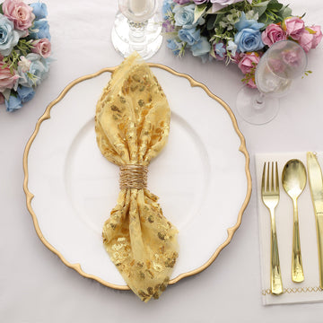 Sparkly Gold Leaf Vine Embroidered Sequin Tulle Cloth Dinner Napkins, Sheer Decorative Napkins