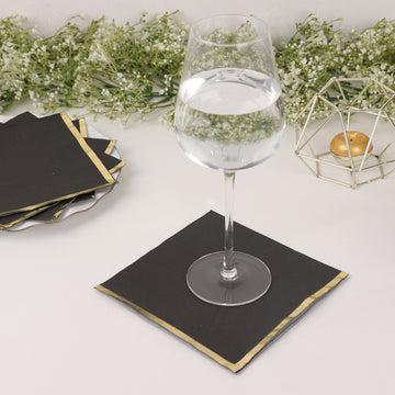 Black Soft 2 Ply Paper Beverage Napkins with Gold Foil Edge - Add Elegance to Your Event