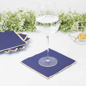 Navy Blue Soft 2 Ply Paper Beverage Napkins with Gold Foil Edge