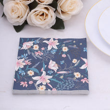 20 Pack Navy Blue Water Lilly Floral Paper Cocktail Napkins, Disposable Decoupage Beverage