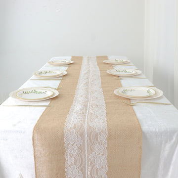 Natural Jute Burlap Table Runner With Middle White Lace, Boho Chic Rustic Decor 14"x106"