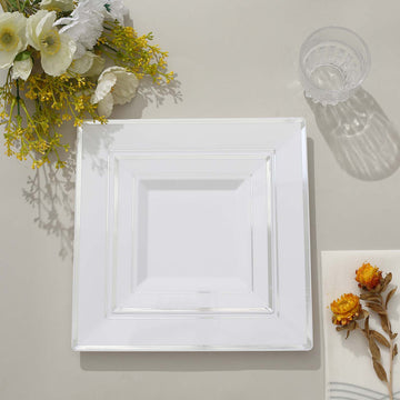 Convenient and Stylish Silver Trim White Square Disposable Party Plates