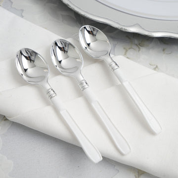 Light Silver Heavy Duty Plastic Tea Coffee Spoons with White Handles - Pack of 36