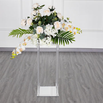 Elegant Clear Acrylic Flower Vase Pillar Column Stand with Square Mirror Base
