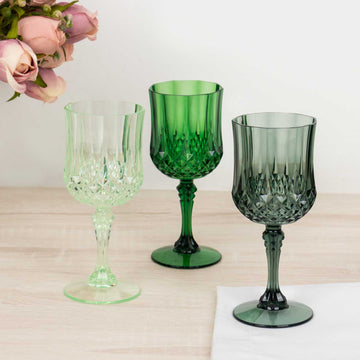 12 Pack Assorted Green Crystal Cut Reusable Plastic Wine Glasses