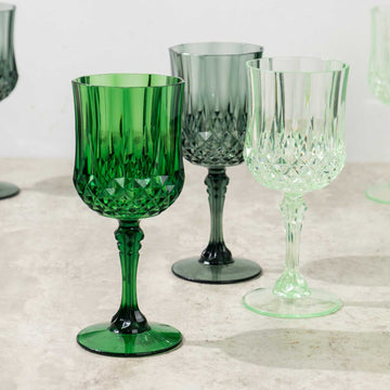 12 Pack Assorted Green Crystal Cut Reusable Plastic Wine Glasses, Shatterproof Cocktail Goblets 8oz