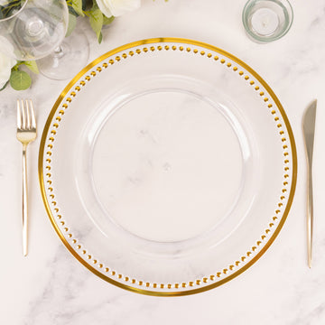 Elevate Your Table Settings with the 6 Pack Beaded Gold Clear Acrylic Charger Plate