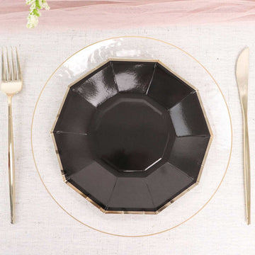 25 Pack Black Geometric Dessert Salad Paper Plates, Disposable Appetizer Plates Decagon Shaped With Gold Foil Rim 7"