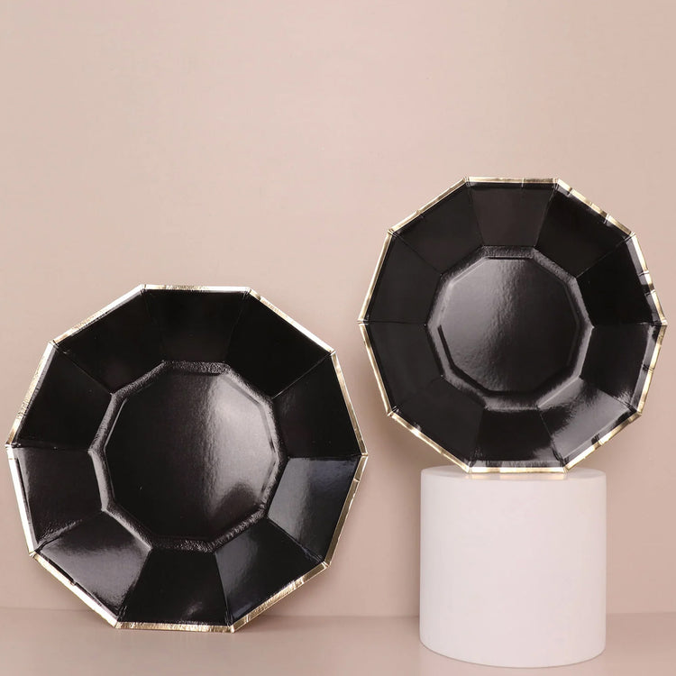 Disposable Geometric Paper Plates 7 Inch with Black Color and Decagon Gold Foil Rim 25 Pack