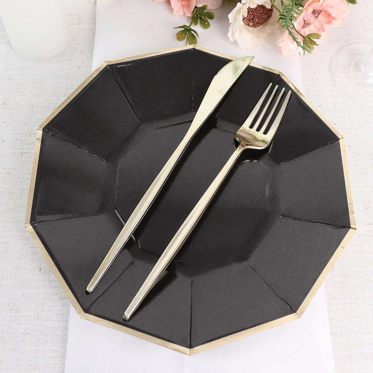 25 Pack Black 9 Inch Geometric Dinner Plates with Gold Foil Rim