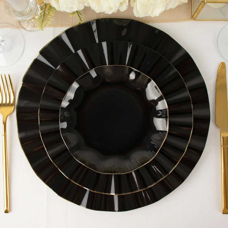 6 Inch Black Hard Plastic Dessert Plates With Gold Ruffled Rim