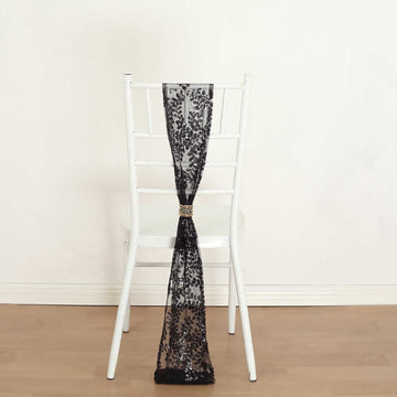 Black Leaf Vine Embroidered Sequin Tulle Cloth Chair Sashes