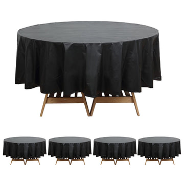 5 Pack Black Round Plastic Tablecloths, Waterproof Disposable Table Covers - 84"